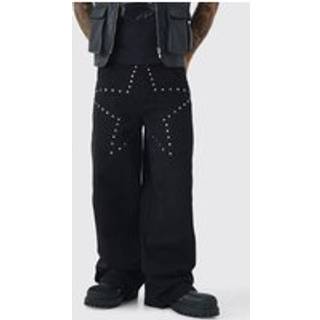 Mens Washed Black Baggy Fit Rigid Star Studded Jeans