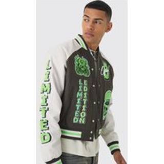 Mens Boxy Twill Limited Badge PU Sleeve Varsity Jacket In Green