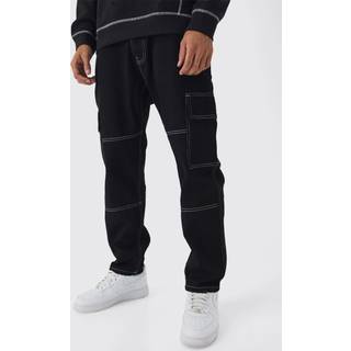 Mens Black Relaxed Fit Contrast Stitch Cargo Jeans