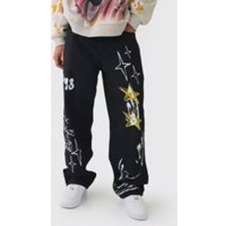 Mens Black Baggy Rigid Graffiti Printed Jeans