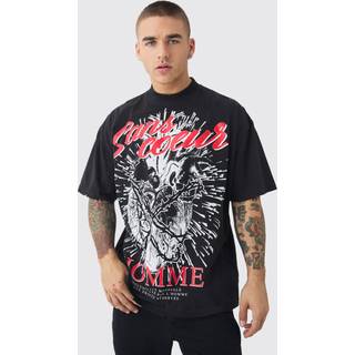 Mens Black Oversized Extended Neck Heart Graphic T-shirt