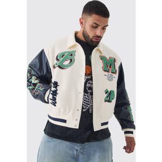 Mens Plus Boxy BM Badge Collared Varsity Jacket In Ecru