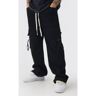 Mens Black Baggy Fit Elasticated Waist Extended Drawcord Cargo Trousers