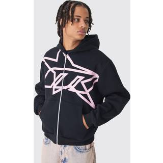 Mens Black Oversized Boxy Star Printed Zip Through Hoodie