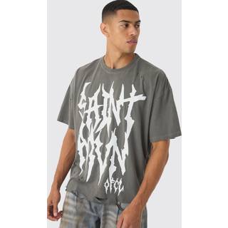 Mens Charcoal Boxy Extreme Distressed Gothic Print Washed Raw Hem T-Shirt