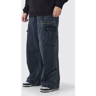 Mens Black Tall Elasticated Waist Acid Wash Parachute Cargo Jeans