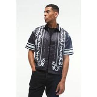 Mens Black Oversized Satin Border Print Boxy Shirt