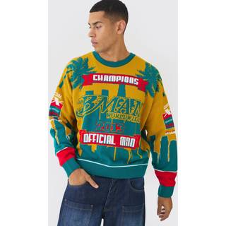 Mens Teal Moto Graphic Knitted Sweatshirt