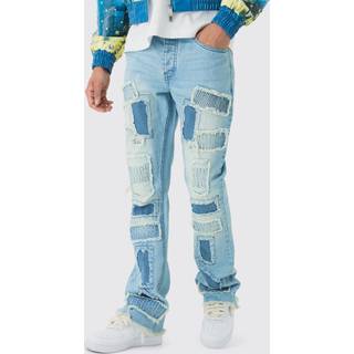 Mens Light Blue Slim Flared Stacked Rip & Repair Stitch Jeans