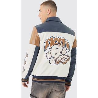 Mens Badge Detail Colour Block Pu Varsity Jacket In Navy