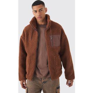 Mens Borg Funnel Neck Pu Pocket Jacket In Tan
