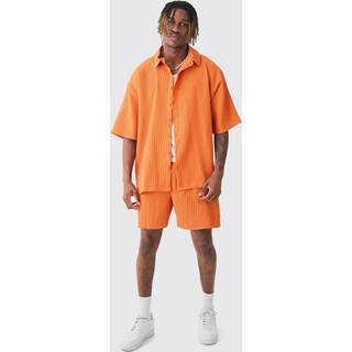 Mens Orange Tall Oversized Short Sleeve Pleated Shirt & Short Set In Sunset