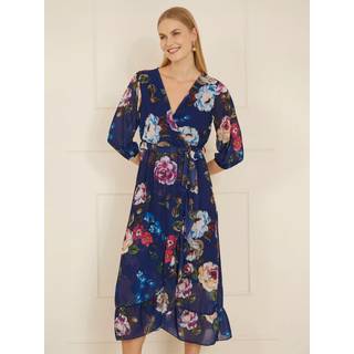 Yumi Yumi Dark ue Watercolour Dip Hem Midi Wrap Dress