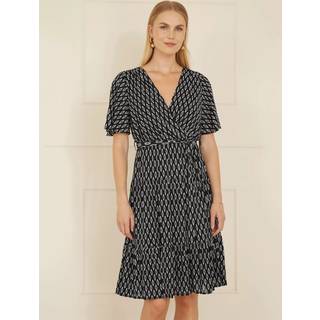 Yumi Yumi Black Geo Print Mesh Stretch Midi Skater Dress