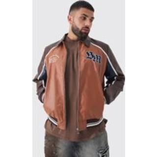 Mens Plus BM Badge Collared PU Varsity Jacket In Brown