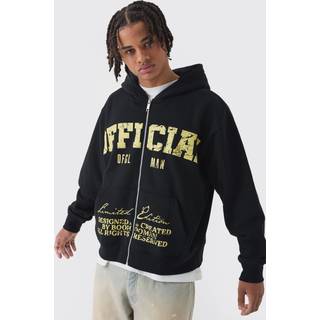 Mens Black Oversized Boxy Offcl Print Zip Through Hoodie