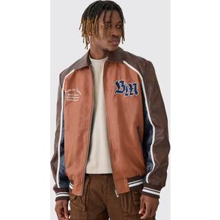 Mens Tall BM Badge Collared PU Varsity Jacket In Brown