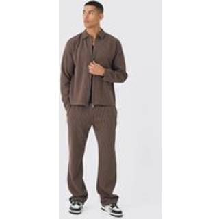 Mens Coffee Oversized Two-tone Zip Ribbed Jersey Shirt & Straight Jogger Set