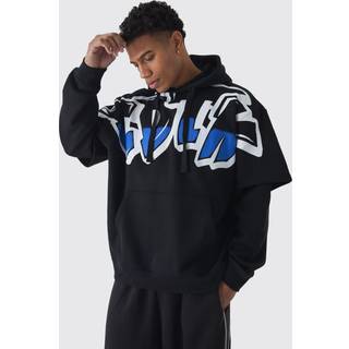 Mens Black Oversized Faux Layer Graffiti Hoodie