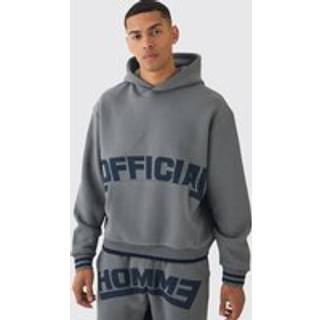Mens Grey Oversized Boxy Official Graphic Stripe Rib Hoodie