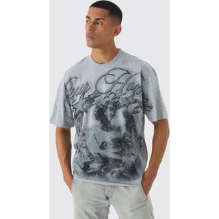 Mens Grey Oversized Boxy Extended Neck Large Scale Renaissance Print T-Shirt
