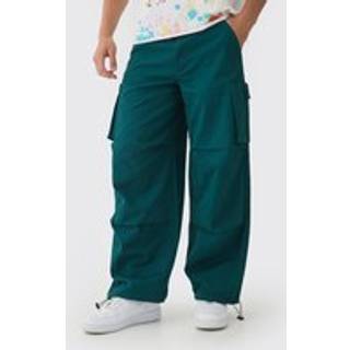 Mens Dark Green Fixed Waist Baggy Twill Cargo Trousers