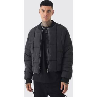 Mens Black Tall Boxy Peached Square Quilted Bomber Jacket