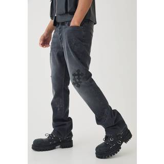 Mens Charcoal Slim Rigid Flare Cross Embroidered Jeans