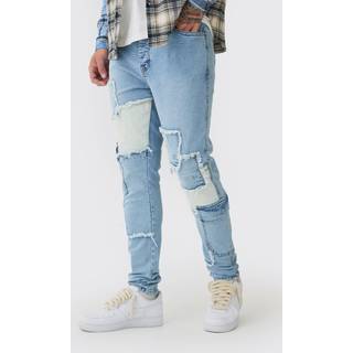 Mens Light Wash Tall Patchwork Cargo Skinny Jeans