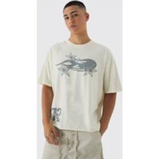 Mens Ecru Oversized Boxy Extended Neck Flame Star Print T-Shirt