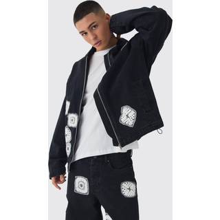 Mens Washed Black Relaxed Denim Zip Through Crochet Hoodie