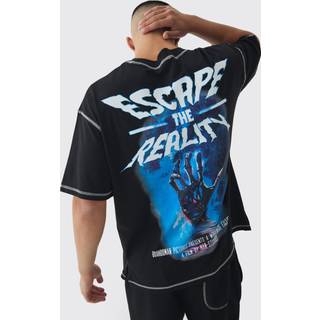 Mens Black Oversized Extended Neck Contrast Stitch Graphic Print T-Shirt