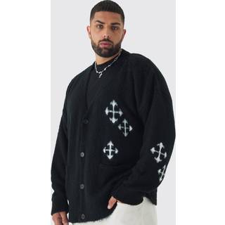 Mens Taupe Plus Fluffy Knit Gothic Cross Applique Cardigan
