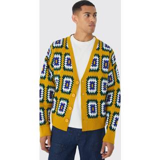 Mens Mustard Oversized Boxy Crochet Cardigan