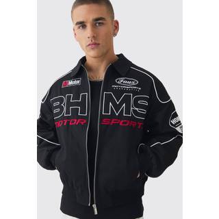 Mens Boxy Badge Twill Moto Jacket In Black