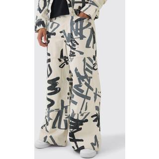 Mens Ecru Extreme Baggy Rigid Graffiti Laser Print Jeans