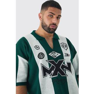 Mens Dark Green Plus Oversized Boxy Football Knitted Polo Shirt
