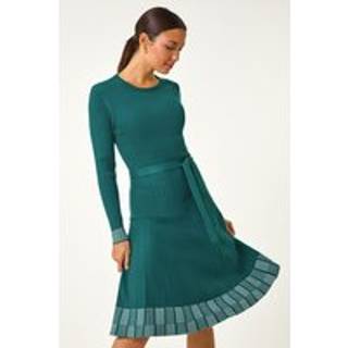 Roman Roman Green Ribbed Stretch Knit Border Print Dress - EU 42 (UK 14)