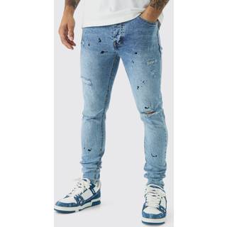 Mens Light Blue Skinny Stretch Rip & Repair Paint Splatter Jeans