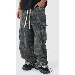 Mens Black Elasticated Waist Parachute Acid Wash Cargo Jeans
