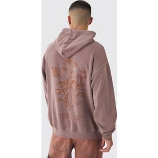 Mens Mocha Oversized Washed Floral Line Drawing Graphic Hoodie