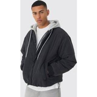 Mens Quilted Hooded Faux Layer Bomber Jacket In Black