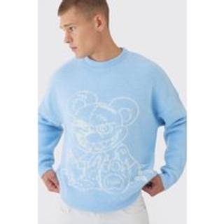 Mens Light Blue Oversized Fluffy Teddy Jumper in Blue