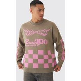 Mens Oversized Moto Graphic Jumper in brown - Brown