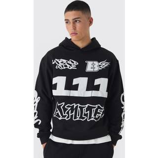 Mens Black Oversized Boxy Moto Puff Print Hoodie