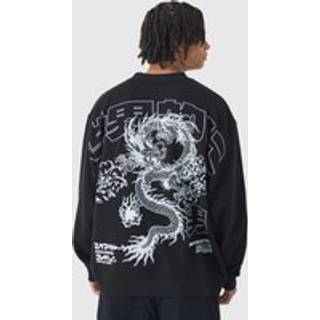 Mens Black Oversized Over Seams Extended Neck Dragon Wash Print Sweatshirt
