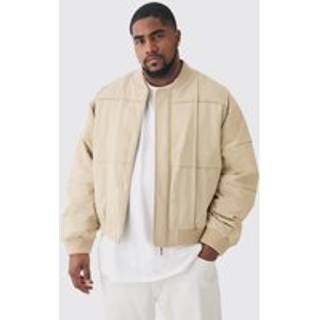 Mens Plus Boxy Panel Padded Nylon Bomber Jacket In Stone