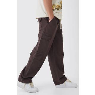 Mens Chocolate Elasticated Baggy Fit Multi Cargo Trousers