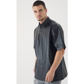Mens Black Tall PU Oversized Rugby Shirt
