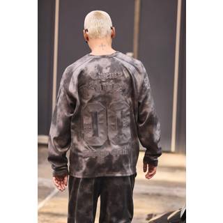 Mens Charcoal Oversized Suede And PU Applique Varsity Long Sleeve T-Shirt